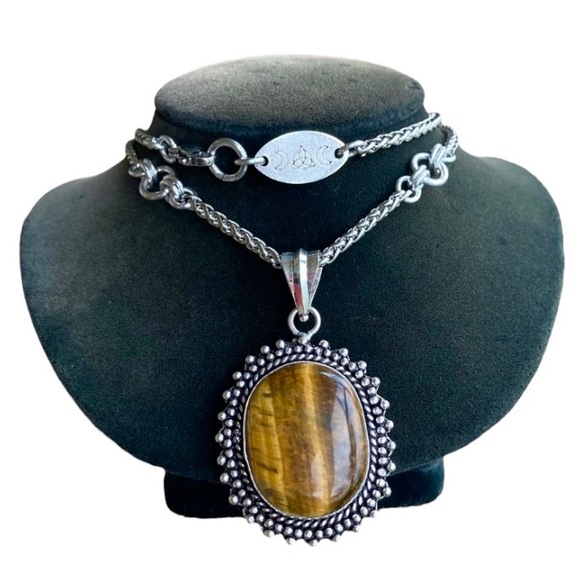 Silverskylight2 Jewelry - 925 Sterling silver overlay golden brown tiger eye gemstone steel boho necklace